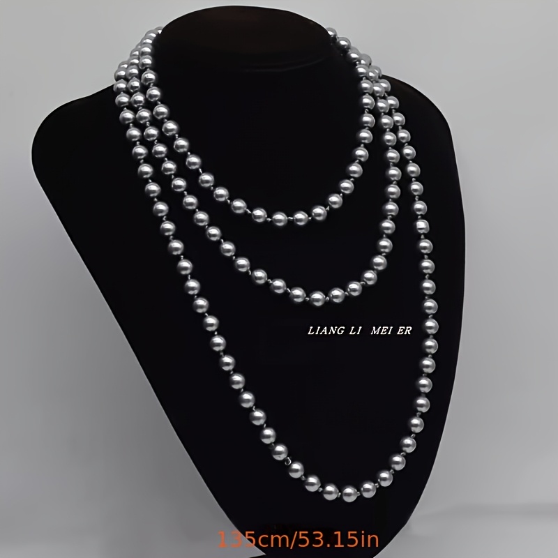 2pc Classic Gray Australian White Long Glass Necklace Set